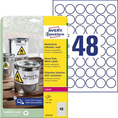 L4716-20 Avery időjárásálló fehér poliészter címke Ø 30 mm