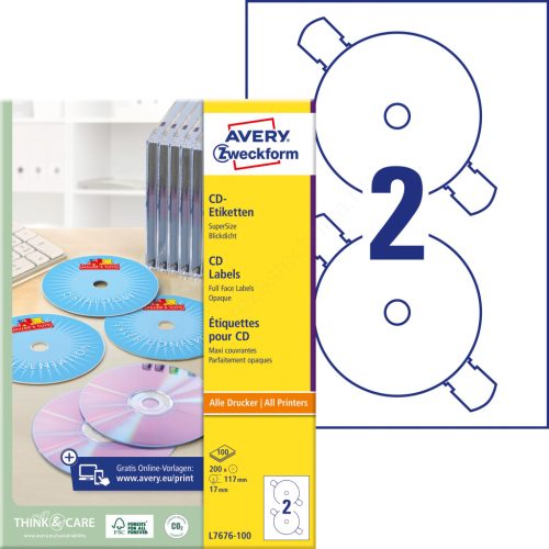 L7676-100 Avery nagyfedőképességű CD címke - SuperSize 117 mm