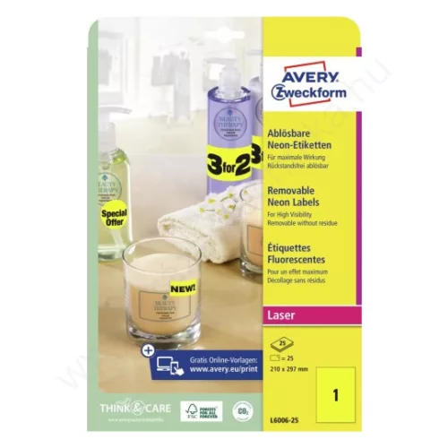 L6006-25 Avery visszaszedhető neonsárga címke 210x297mm