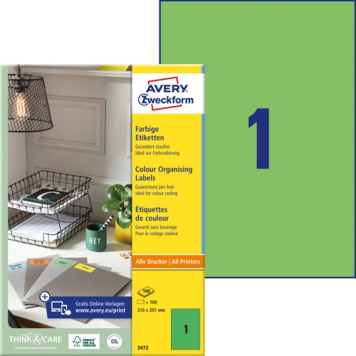 3472 Avery univerzális címke - zöld 210x297mm