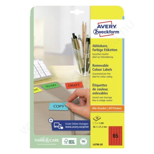 L4790-20 Avery univerzális visszaszedhető piros címke  38,1x21,2mm