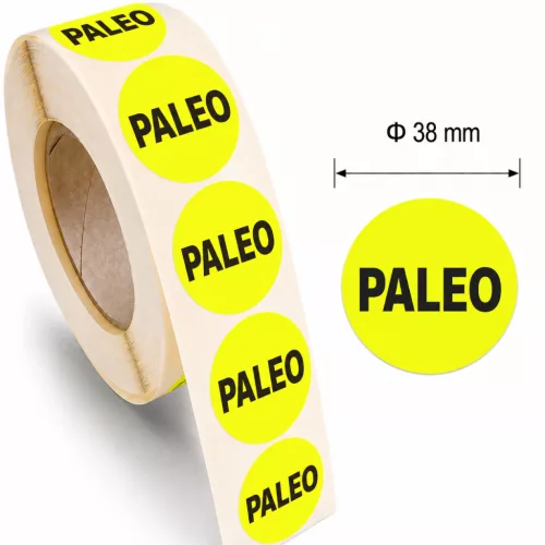 38mm körcímke - PALEO felirat - sárga