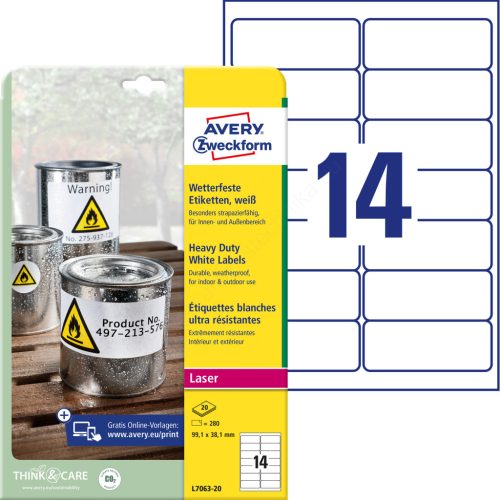L7063-20 Avery időjárásálló fehér poliészter címke 99,1 x 38,1 mm