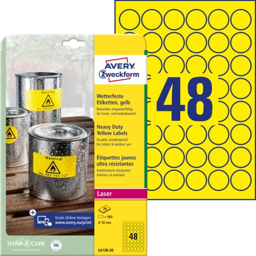 L6128-20 Avery időjárásálló sárga poliészter címke ø30mm
