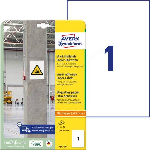 L7877-20 Avery szuper öntapadó címke - fehér 210x297mm