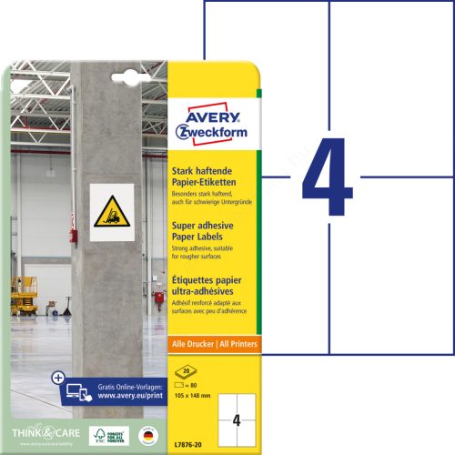 L7876-20 Avery szuper öntapadó címke - fehér 105x148mm