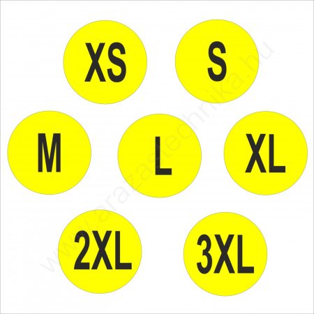 Méretjelző  20mm körcímke XS, S, M, L XL, XXL, 3XL - fluo citrom