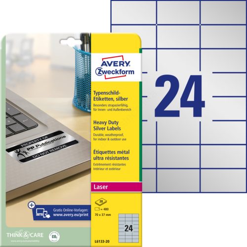 L6133-20 Avery ipari ezüst poliészter címke 70x37mm