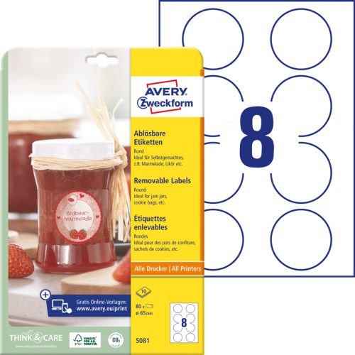 5081 Avery univerzális visszaszedhető kör címke - fehér 65 mm