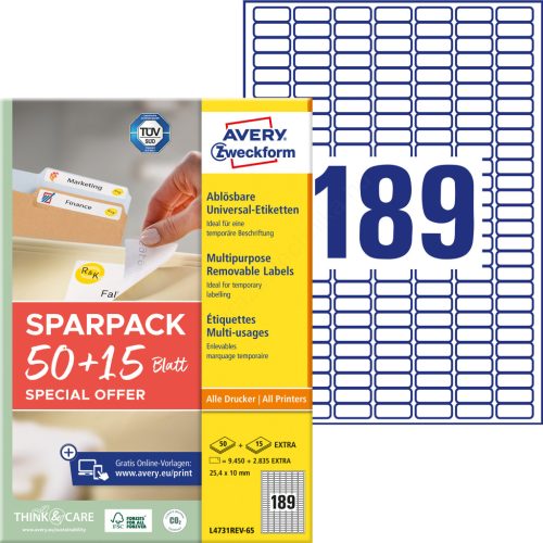 L4731REV-65 Avery univerzális visszaszedhető címke 25,4 x 10 mm 50+15 lap promo