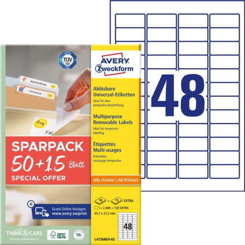 L4736REV-65 Avery univerzális visszaszedhető címke 45,7 x 21,2 mm 50+15 lap promo