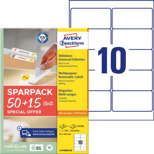 L4744REV-65 Avery univerzális visszaszedhető címke 96 x 50,8 mm 50+15 lap promo
