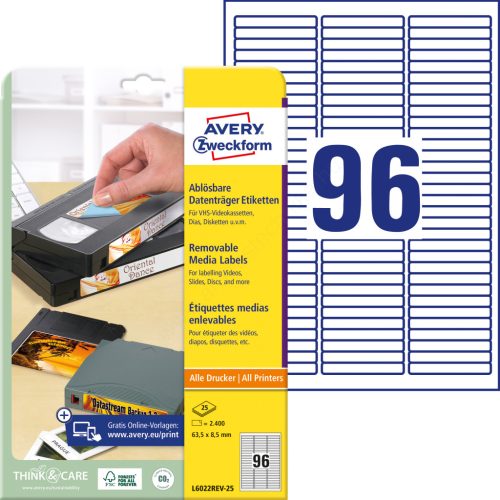 L6022REV-25 Avery visszaszedhető HI8 kazetta címke 63,5 x 8,5 mm