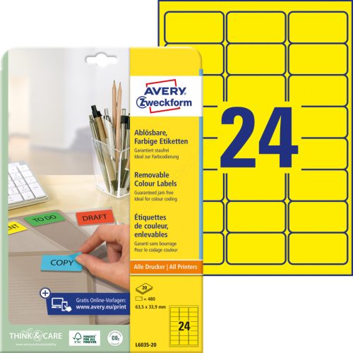 L6035-20 Avery univerzális visszaszedhető sárga címke 63,5 x 33,9 mm