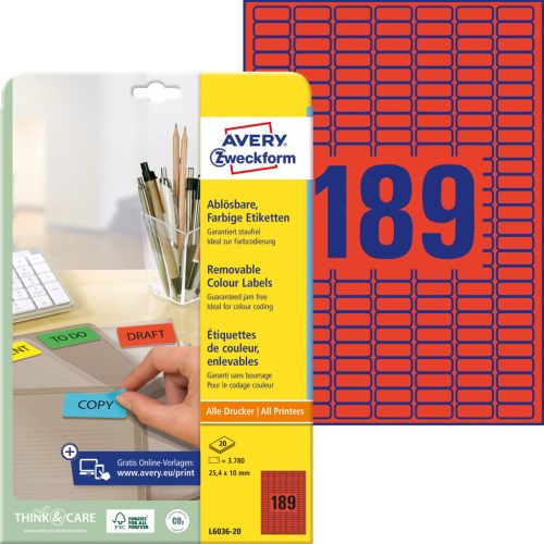 L6036-20 Avery univerzális visszaszedhető piros címke 25,4 x 10 mm