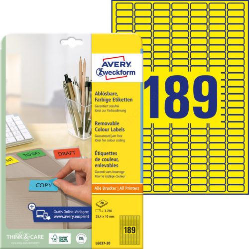 L6037-20 Avery univerzális visszaszedhető sárga címke 25,4 x 10 mm